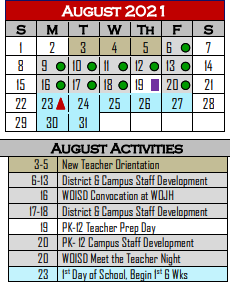 District School Academic Calendar for West Oso Junior High School for August 2021