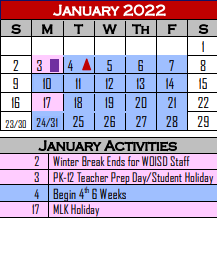 District School Academic Calendar for West Oso Isd Jjaep for January 2022