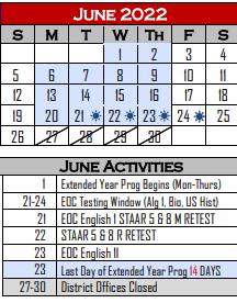 District School Academic Calendar for West Oso Elementary School for June 2022