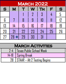 District School Academic Calendar for West Oso Isd Jjaep for March 2022