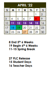 District School Academic Calendar for West Sabine Elementary for April 2022