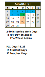 District School Academic Calendar for West Sabine Elementary for August 2021