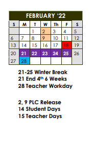 District School Academic Calendar for West Sabine Elementary for February 2022