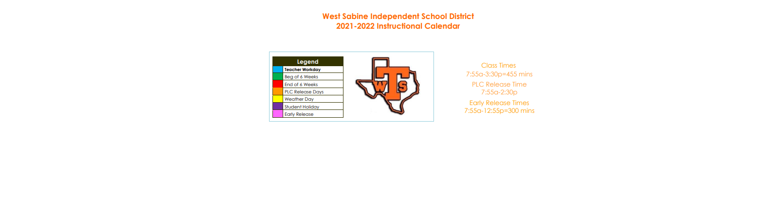 District School Academic Calendar Key for West Sabine High School