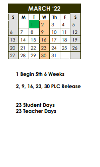 District School Academic Calendar for West Sabine High School for March 2022