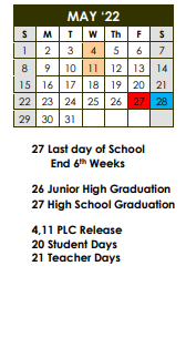 District School Academic Calendar for West Sabine Elementary for May 2022
