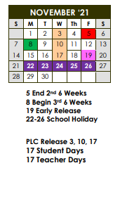 District School Academic Calendar for West Sabine Elementary for November 2021