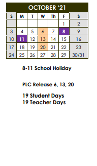 District School Academic Calendar for West Sabine High School for October 2021