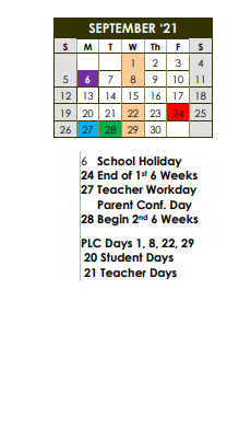 District School Academic Calendar for West Sabine High School for September 2021