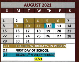 District School Academic Calendar for White Oak Primary for August 2021