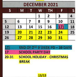 District School Academic Calendar for White Oak Middle for December 2021