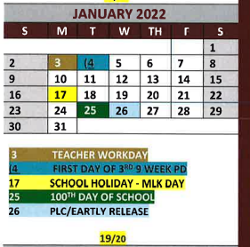 District School Academic Calendar for White Oak Primary for January 2022