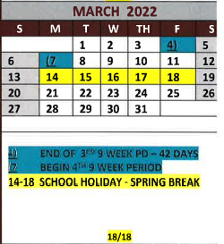 District School Academic Calendar for White Oak Intermediate for March 2022
