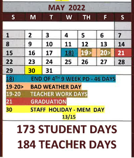 District School Academic Calendar for White Oak Intermediate for May 2022
