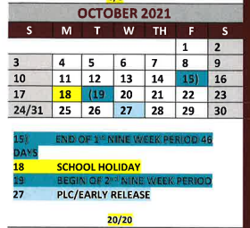 District School Academic Calendar for White Oak Primary for October 2021