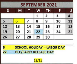 District School Academic Calendar for White Oak Primary for September 2021