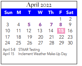 District School Academic Calendar for White Settlement Disciplinary Camp for April 2022