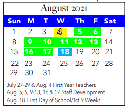 District School Academic Calendar for Tarrant Co J J A E P for August 2021