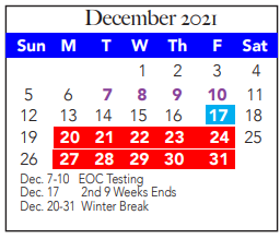 District School Academic Calendar for West El for December 2021