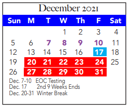 District School Academic Calendar for Tarrant Co J J A E P for December 2021