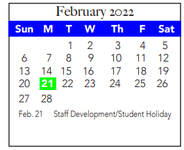 District School Academic Calendar for Tannahill Int for February 2022