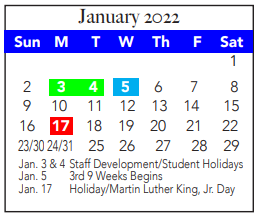 District School Academic Calendar for Tannahill Int for January 2022