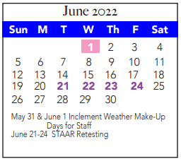 District School Academic Calendar for Tarrant Co J J A E P for June 2022