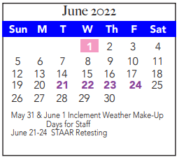 District School Academic Calendar for North El for June 2022