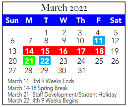 District School Academic Calendar for White Settlement Disciplinary Camp for March 2022
