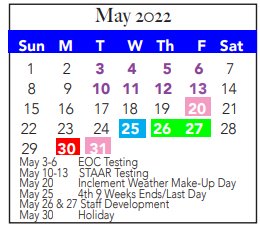 District School Academic Calendar for West El for May 2022