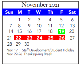 District School Academic Calendar for North El for November 2021