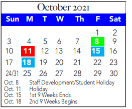 District School Academic Calendar for Blue Haze El for October 2021
