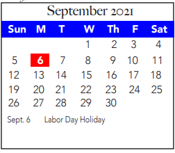 District School Academic Calendar for Tarrant Co J J A E P for September 2021
