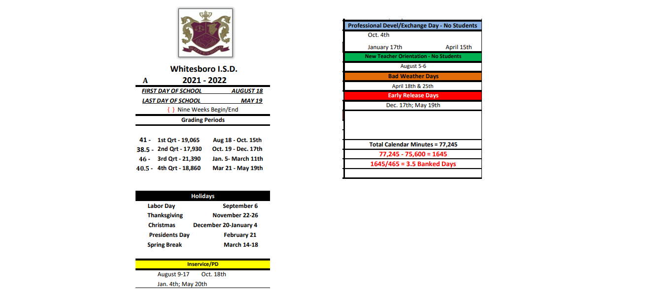 District School Academic Calendar Key for Whitesboro Intermediate
