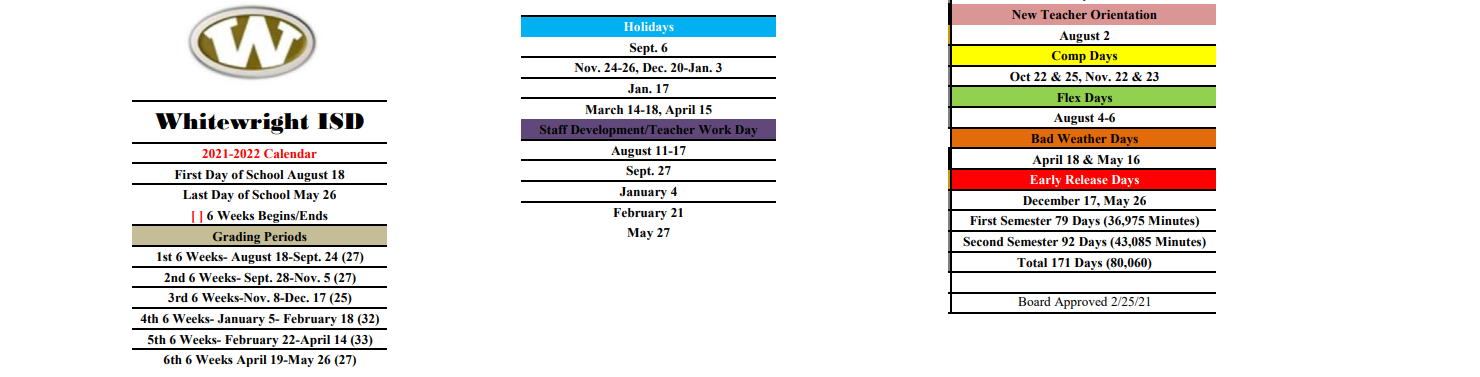 District School Academic Calendar Key for Whitewright High School