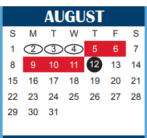 District School Academic Calendar for Paul Irwin Head Start Center for August 2021