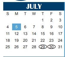 District School Academic Calendar for Wichita Falls Sp Ed Ctr for July 2021