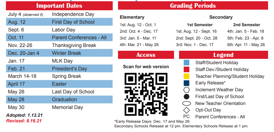 District School Academic Calendar Key for Carrigan Ctr
