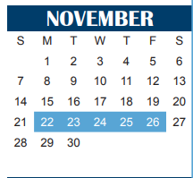 District School Academic Calendar for Paul Irwin Head Start Center for November 2021