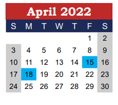 District School Academic Calendar for Wimberley High School for April 2022