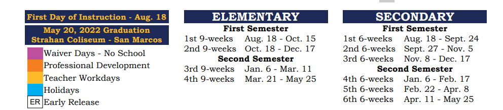 District School Academic Calendar Key for Wimberley Junior High