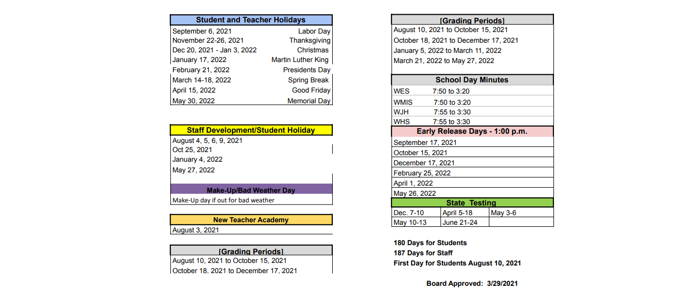 District School Academic Calendar Key for Winnsboro High School