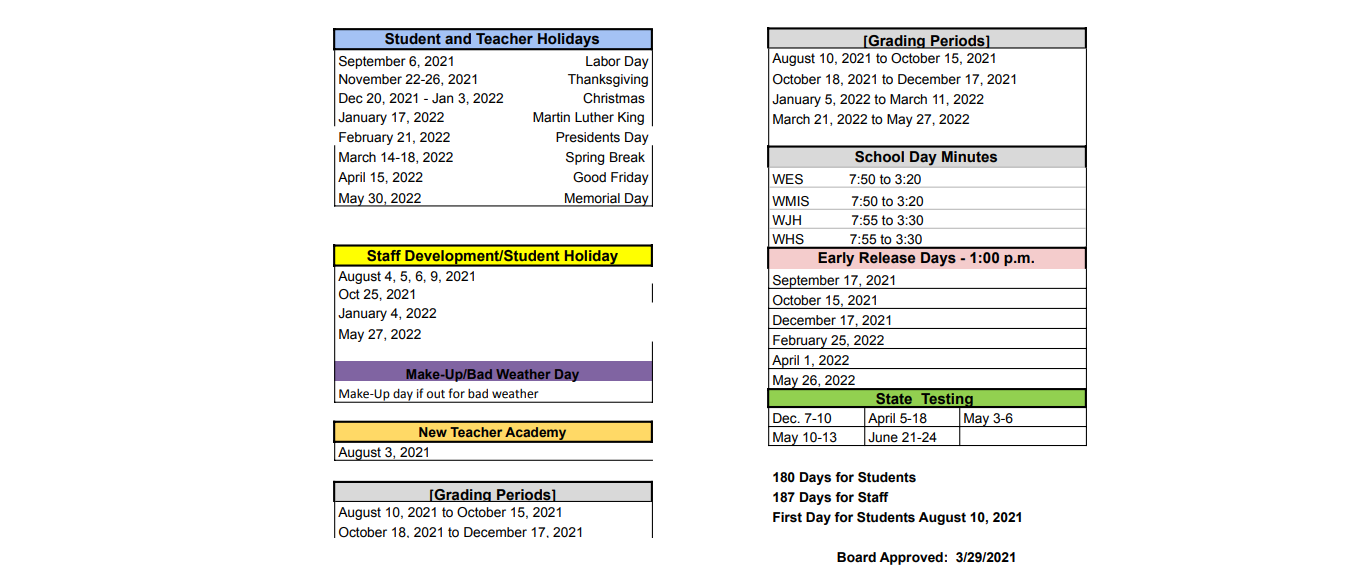 District School Academic Calendar Key for Winnsboro Elementary