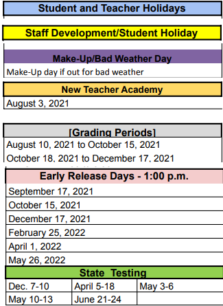 District School Academic Calendar Legend for Memorial Middle