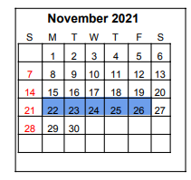District School Academic Calendar for Memorial Middle for November 2021