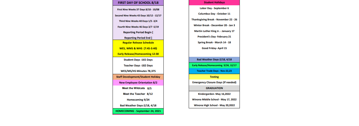 District School Academic Calendar Key for Winona Elementary