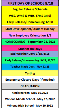 District School Academic Calendar Legend for Winona Elementary