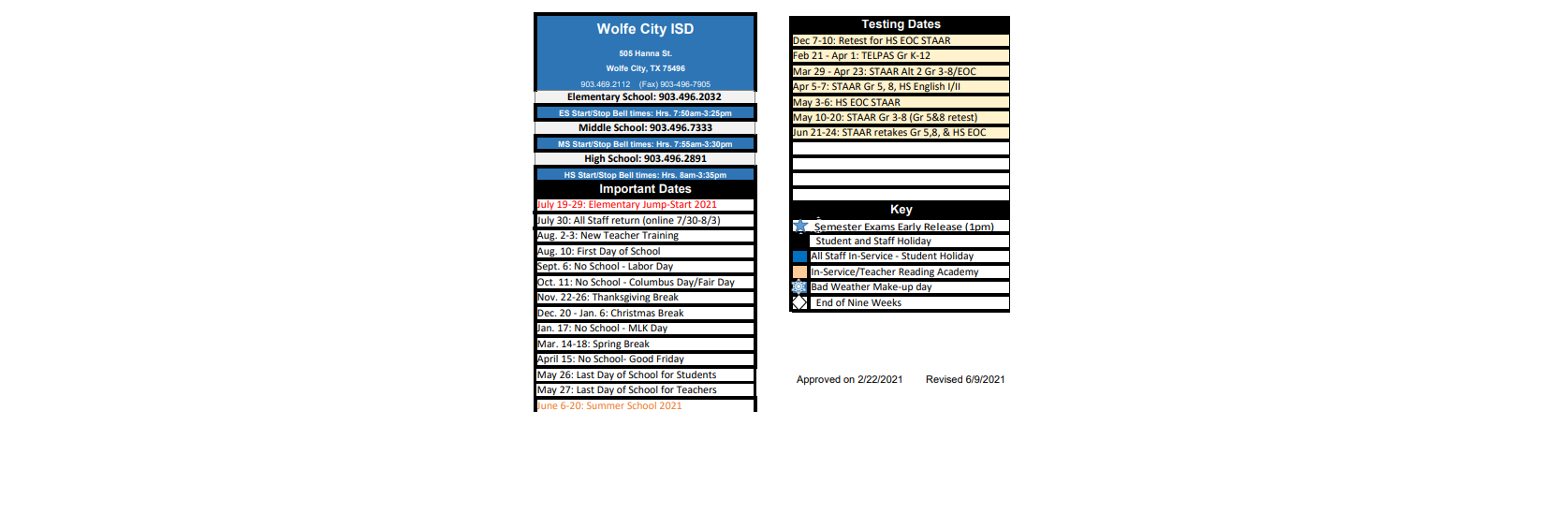 District School Academic Calendar Key for Wolfe City High School