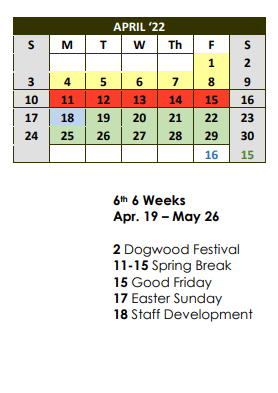 District School Academic Calendar for Woodville Elementary for April 2022