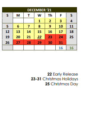 District School Academic Calendar for Woodville Elementary for December 2021